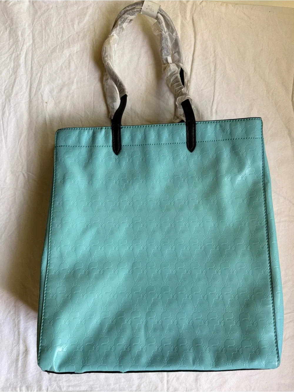Karl Lagerfeld Light Teal Patent Tote with Black Leather Handles